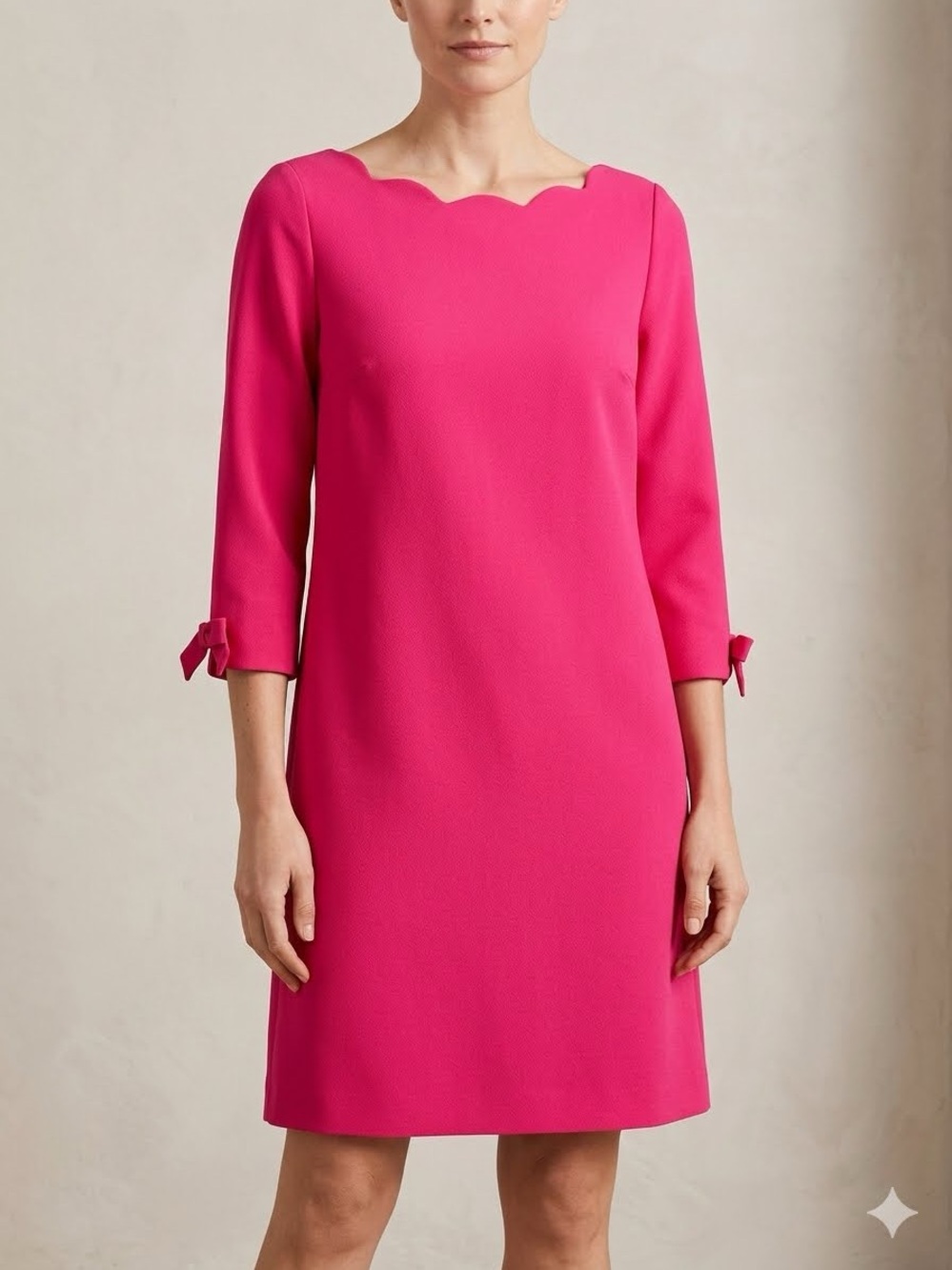 Talbots Hot Pink Scalloped Neck Shift Dress 3/4 Sleeve Bow Cuffs Size 4
